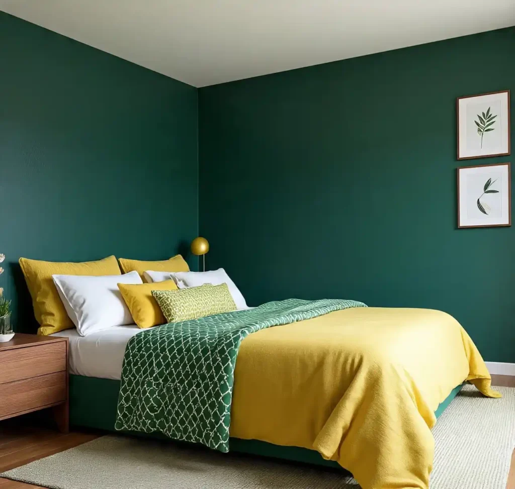 11-Dark Green and Yellow Bedroom Idea