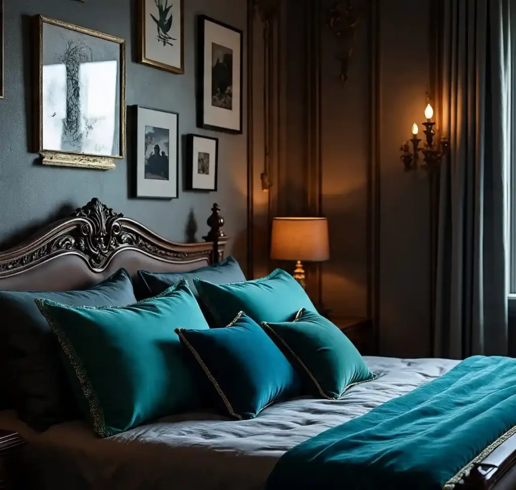 17-Teal Maximalist Bedroom Idea