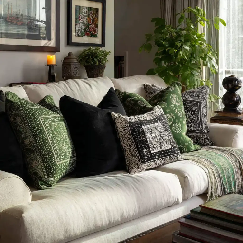 13-Black, Cream & Green Living Room Idea