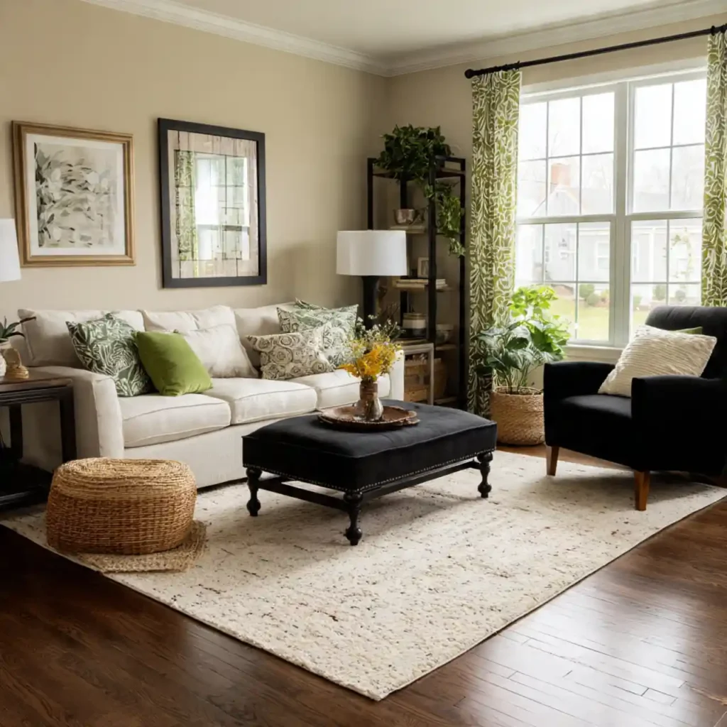 14-Black, Cream & Green Living Room Idea