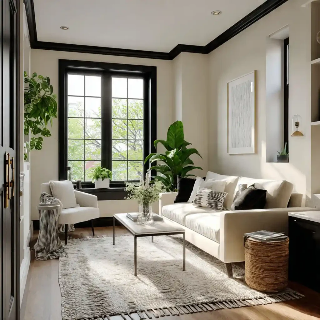 15-Black, Cream & Green Living Room Idea