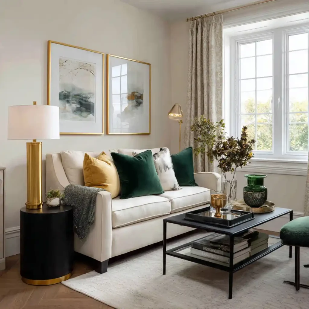 16-Black, Cream & Green Living Room Idea