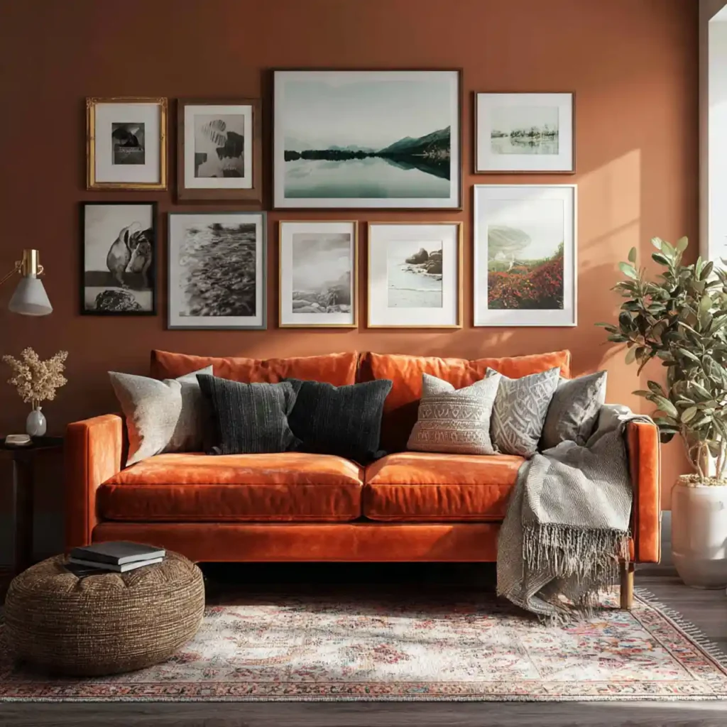 16-Orange Couch Living Room Idea