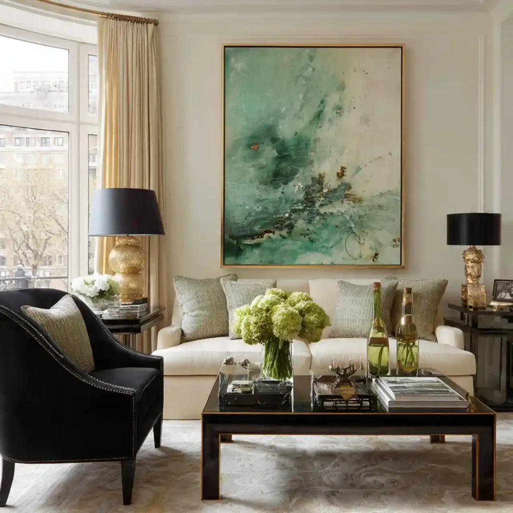 17-Black, Cream & Green Living Room Idea