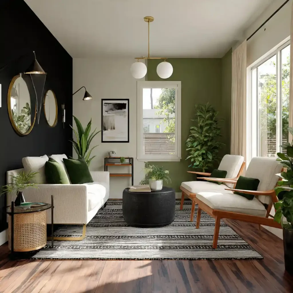 18-Black, Cream & Green Living Room Idea