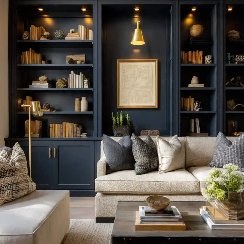 18-Deep Navy Living Room Wall Decor Idea