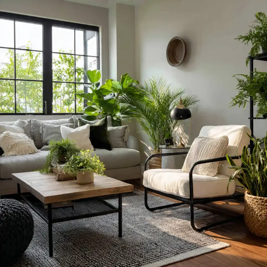 19-Black, Cream & Green Living Room Idea