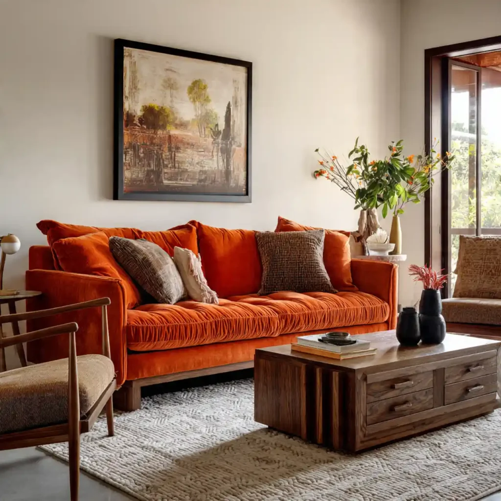 24-Orange Couch Living Room Idea