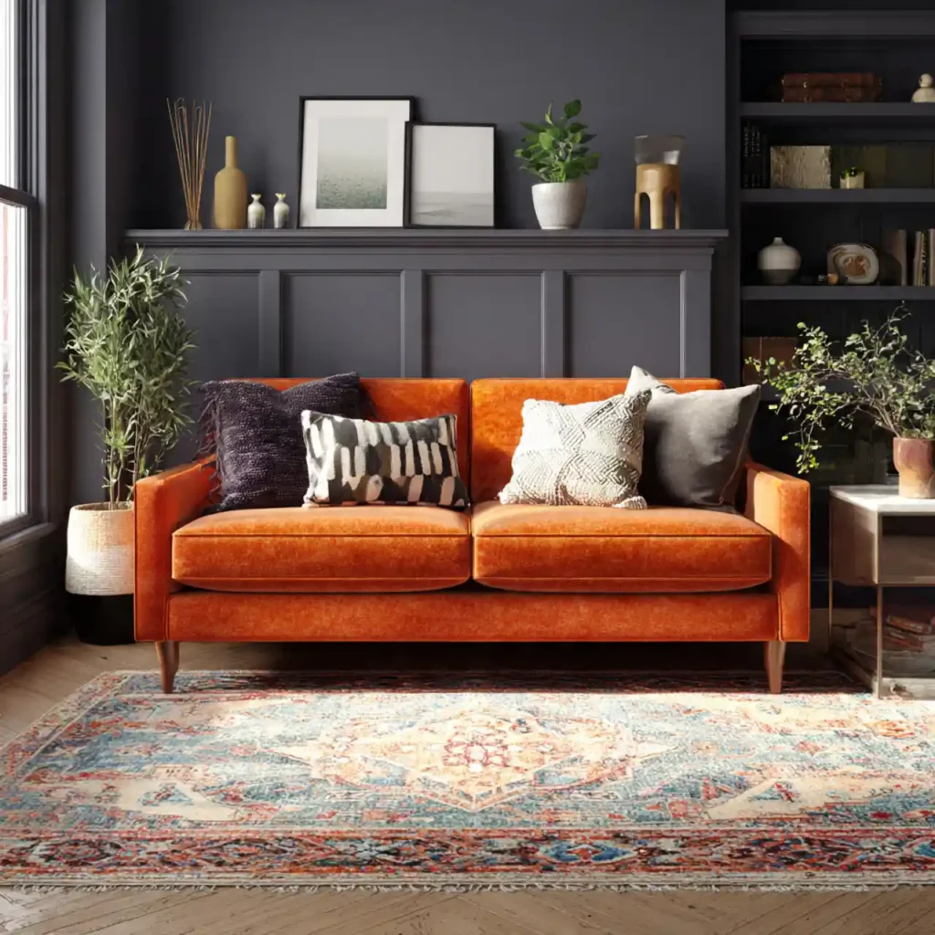 27-Orange Couch Living Room Idea