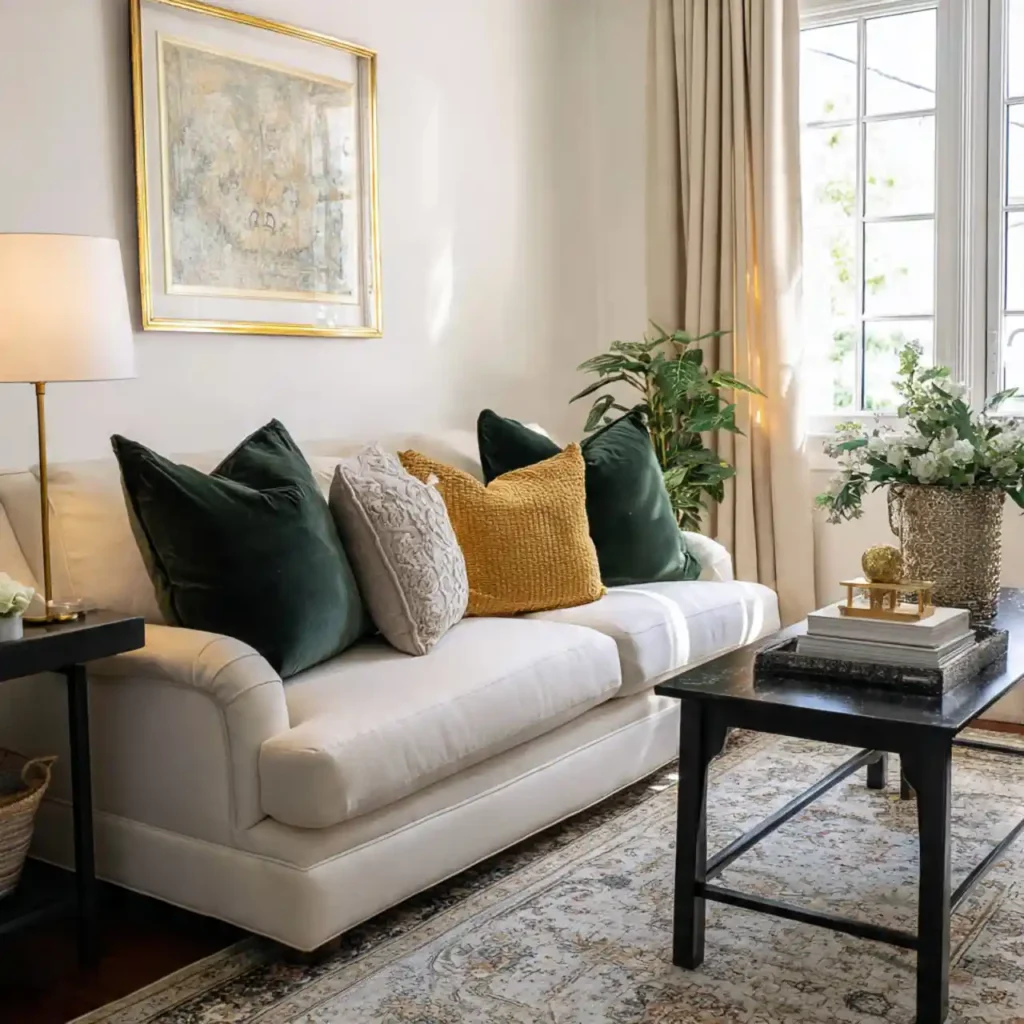 4-Black, Cream & Green Living Room Idea