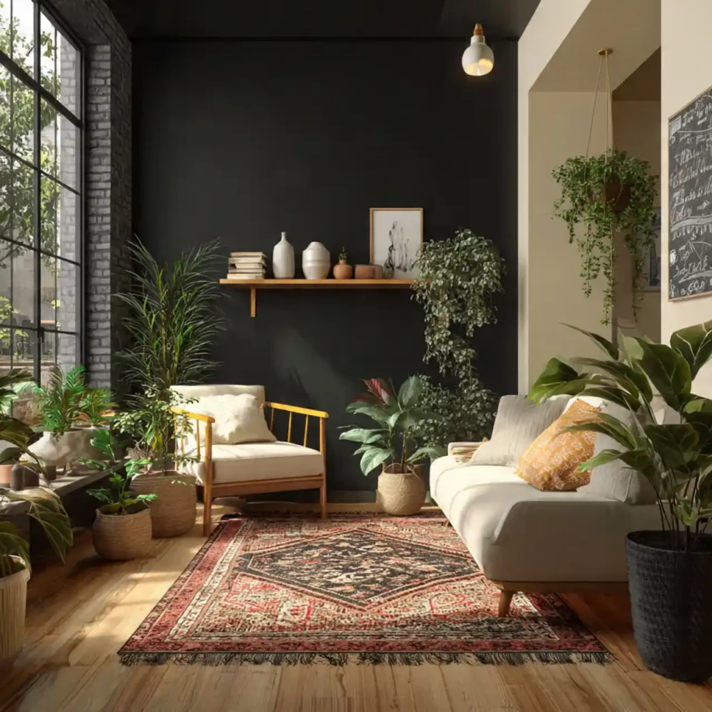 6-Black, Cream & Green Living Room Idea