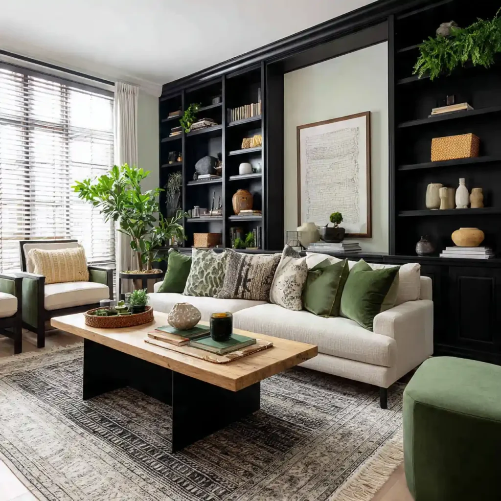 7-Black, Cream & Green Living Room Idea
