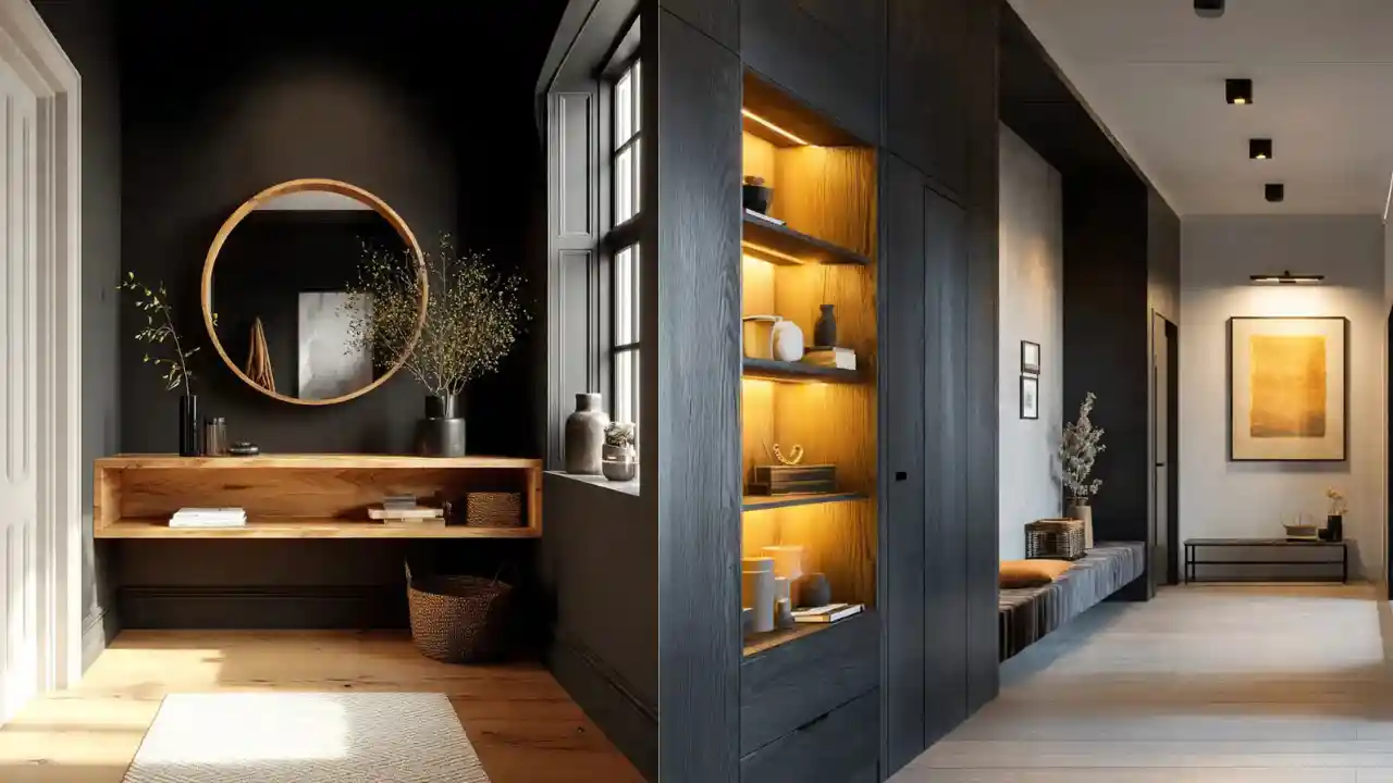 Black Scandinavian Hallway Ideas with Warm Wood Accents for a Cozy Look