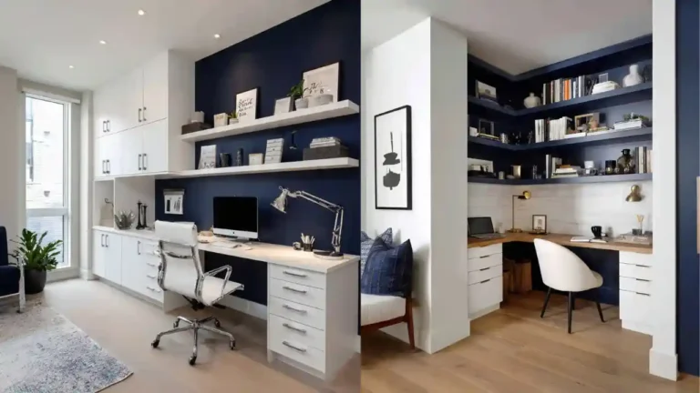 Cozy Minimalist Home Office Ideas with White Cabinets & Navy Walls