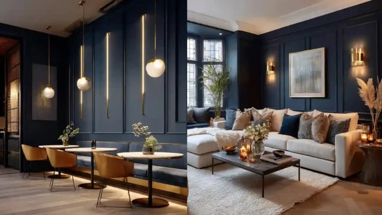 Deep Navy Living Room Wall Decor Ideas: Stylish Feature Walls with Gold Lighting
