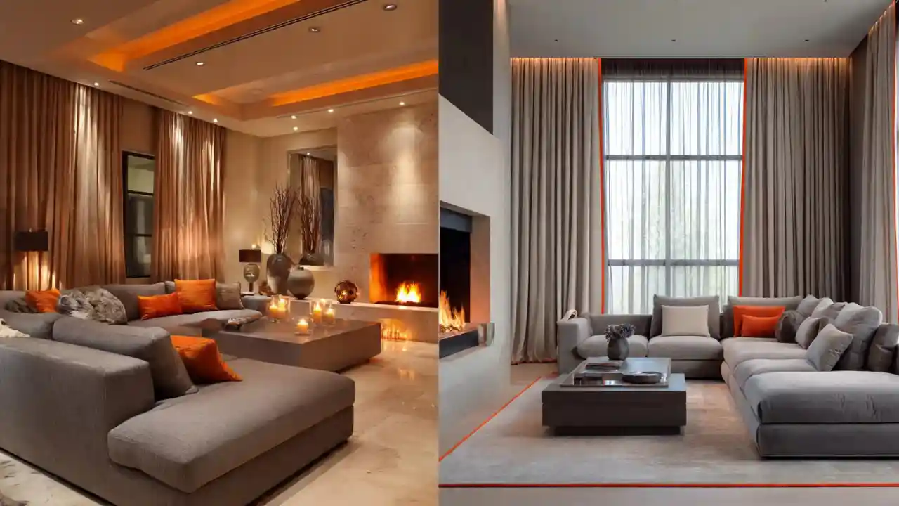 Modern Beige Living Room Ideas with a Cozy Fireplace & Warm Orange Accents