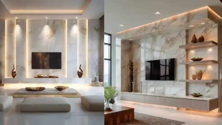 Modern Marble TV Wall Ideas with Warm Lighting & Sculptural Decor Accents