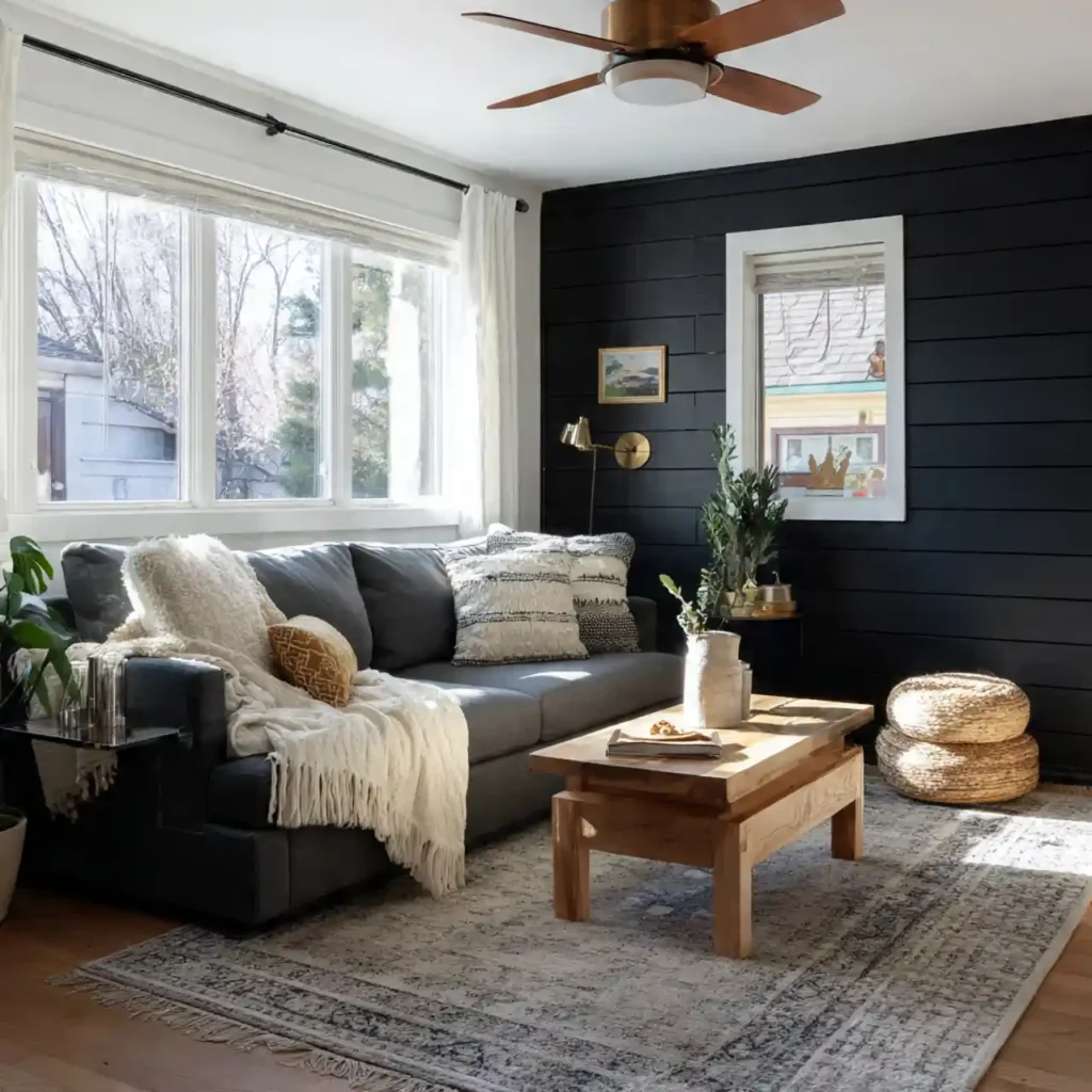 13-Black Shiplap Living Room Idea